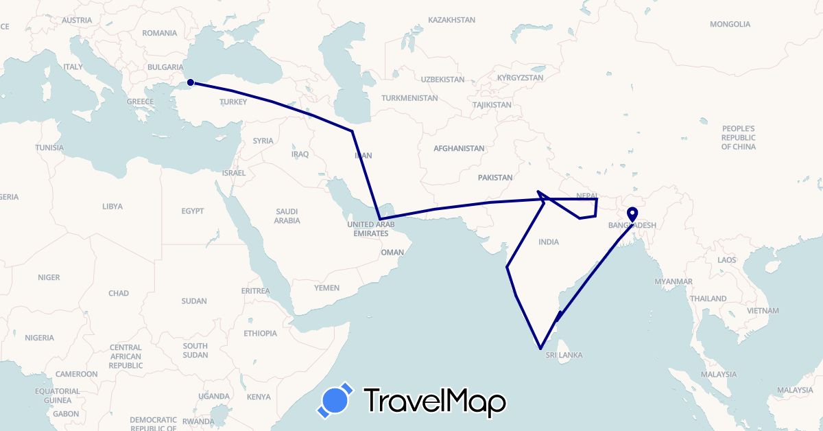 TravelMap itinerary: driving in United Arab Emirates, Bangladesh, India, Iran, Nepal, Turkey (Asia)